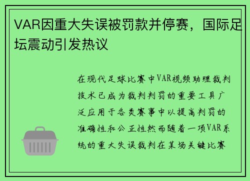 VAR因重大失误被罚款并停赛,国际足坛震动引发热议 VAR因重大失误被罚款并停赛,国际足坛震动引发热议