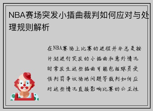 NBA赛场突发小插曲裁判如何应对与处理规则解析