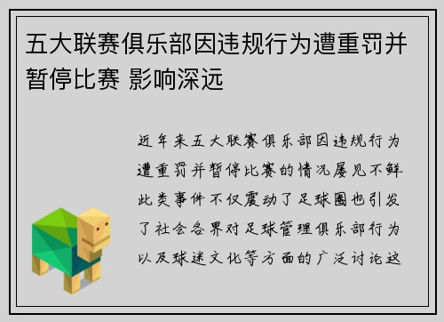 五大联赛俱乐部因违规行为遭重罚并暂停比赛 影响深远