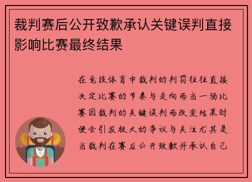 裁判赛后公开致歉承认关键误判直接影响比赛最终结果