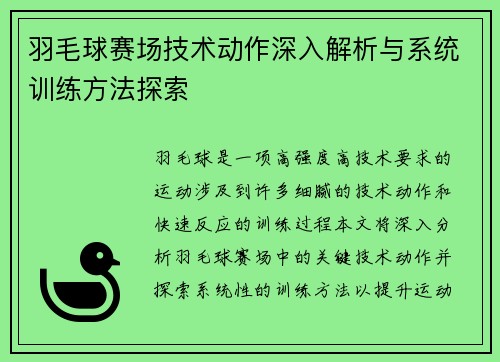 羽毛球赛场技术动作深入解析与系统训练方法探索